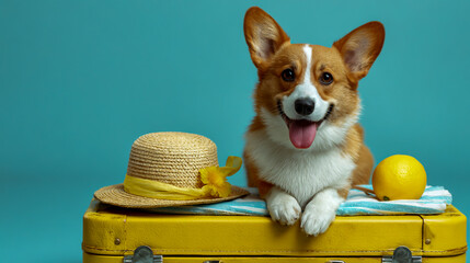 Photograph of a cute corgi sitting on top of a yellow suitcase with beach accessories, isolated over a light blue background