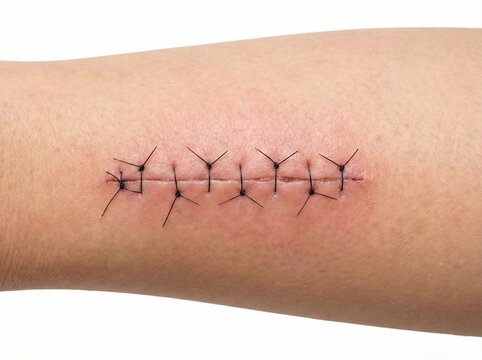 Neatly Closed Surgical Incision with Interrupted Sutures Isolated on White Background.