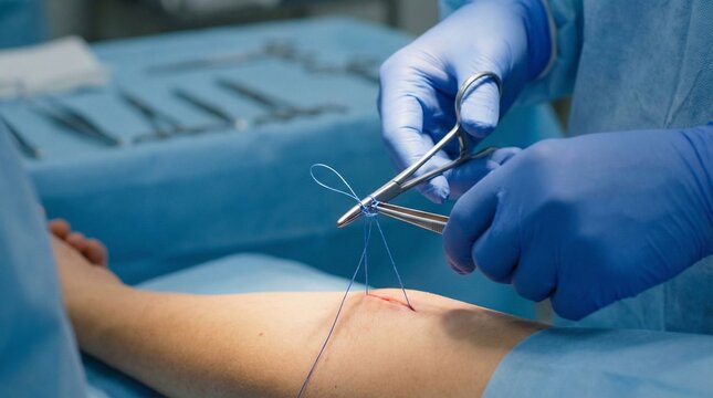 Surgeon Tying a Suture Knot with Instruments.
