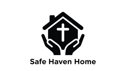 Obraz premium A black and white image depicts hands cradling a house containing a christian cross symbol