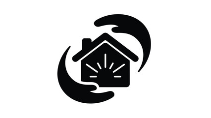 A simple black and white logo featuring a house icon embraced by swirling protective shapes symbolizing home security