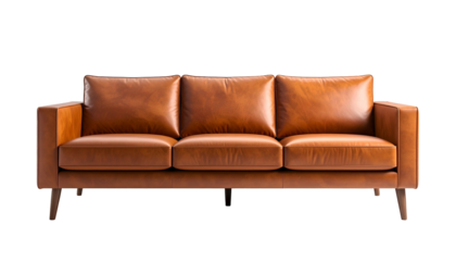 A stylish, modern three-seater sofa with rich brown leather, against a black backdrop