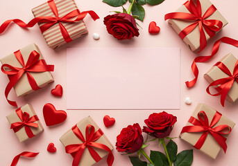 Valentines Day gifts and roses on pink background