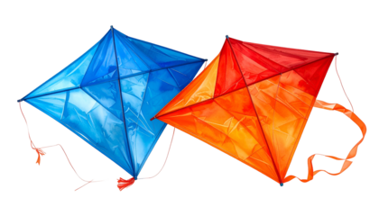 Two vibrant, diamond-shaped kites, one blue, one red, isolated against a black background