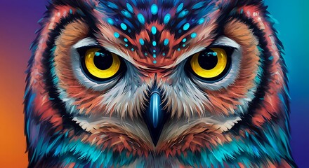 Close-up of an Owl's Face with Vibrant, Colorful Feathers and Intense Yellow Eyes 12.17 image
