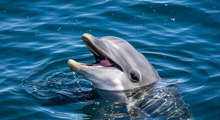 Dolphin surfacing from blue water with mouth open and water droplets marine animal