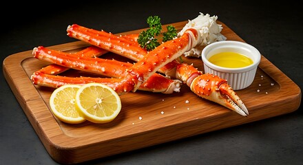 Delicious King Crab Legs with Lemon and Butter on Wooden Board seafood shellfish