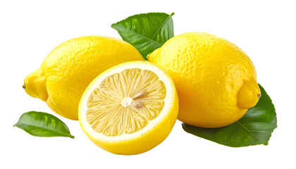 Three bright yellow citrus fruits with green leaves; one sliced to reveal juicy interior