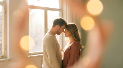 A couple share a warm, intimate moment, smiling as they lean close and hold hands with soft lights and a neutral background. This image symbolizes connection, emotion, and togetherness.