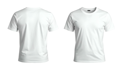Two white crew-neck t-shirts, front and back views, isolated on black background (1)