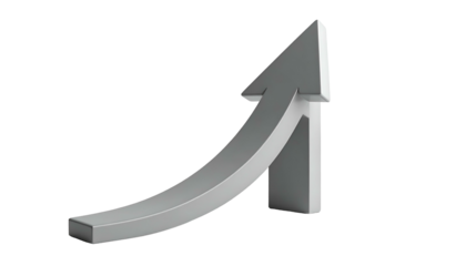 3D rendered silver arrow curving upward against a black background