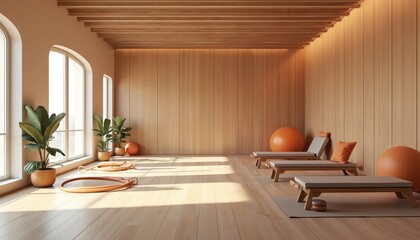 Modern wellness studio with wood accents, natural light. Fitness equipment like yoga mats, exercise balls, benches are arranged neatly. Large arched windows offer views of green plants, outdoors.