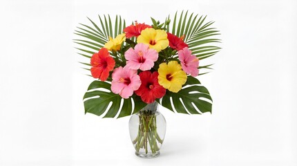 Vibrant tropical flower arrangement in clear glass vase on white background
