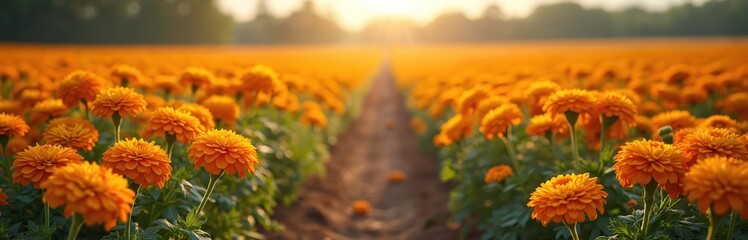 Rows of bright orange marigolds stretch towards the horizon under warm golden sunlight. This cultivated farm shows neat rows of blooming flowers in a rural landscape.