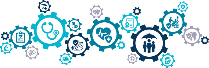 health insurance vector illustration. Blue concept with icons related to medical insurance, private health plan, family policy coverage, health insurance benefits, health treatment options.