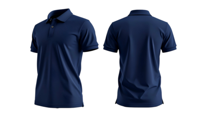 A navy blue polo shirt displayed front and back, isolated on a black background