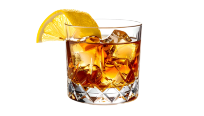 Cocktail in a crystal glass with ice cubes, amber liquid, and a lemon wedge