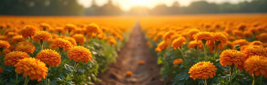 Rows of bright orange marigolds stretch towards the horizon under warm golden sunlight. This cultivated farm shows neat rows of blooming flowers in a rural landscape. - Powered by Adobe