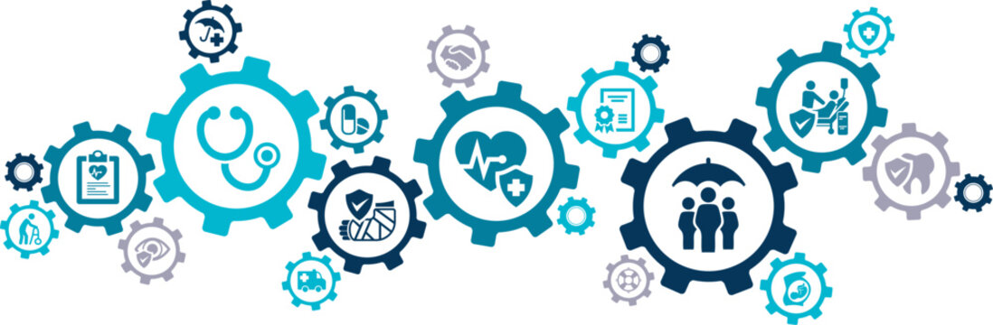 health insurance vector illustration. Blue concept with icons related to medical insurance, private health plan, family policy coverage, health insurance benefits, health treatment options.