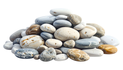 Pile of smooth, rounded river stones in various colors, sizes, and textures