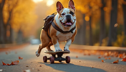 Happy bulldog rides skateboard down street in autumn. Dog wears backpack, tongue out. Leaves scattered on road, trees with yellow leaves form backdrop. Funny pet enjoys outdoor activity.