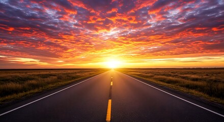 Open Road Leading to a Vibrant Sunset Over a Grassy Field Keywords: road, highway, sunset, sunrise, sky, clouds, orange, yellow, red, sun, horizon