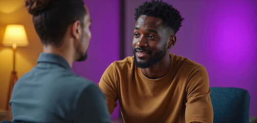 Man talks with therapist in modern office. African american guy discusses feelings, mental health issues with professional. Session offers support, understanding, and healing.