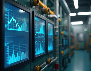 Industrial control panels display blue graphs and data. Screens show analytics in water facility. Automated machinery and pipes form background.
