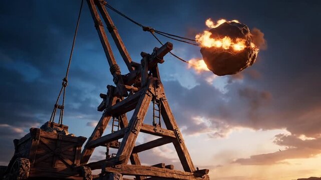 Ancient siege weapon launches fiery projectile across a dramatic sky during a historical battle scene