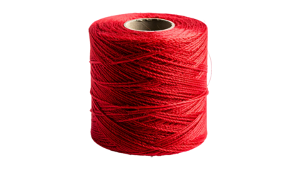 A close-up of a vibrant red spool of tightly wound thread against a black background