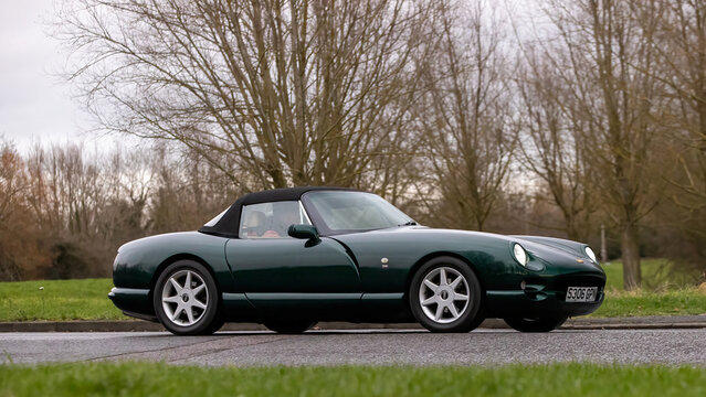 Milton Keynes,Bucks,UK - Jan 1st 2026:  1999 green TVR Chimaera classic car driving on a British road