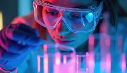 Scientist in safety glasses works with liquids in test tubes. Female researcher conducts analysis with pipette. Medical lab experiments with blue, pink lights create atmosphere. Scientific discovery