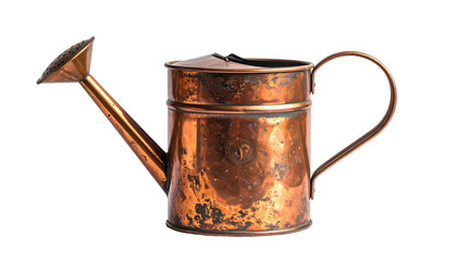 Antique copper watering can with a spout, handle, and a black background