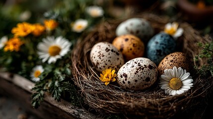 Obraz premium Bird's nest with speckled eggs and daisies on a wooden surface quail eggs