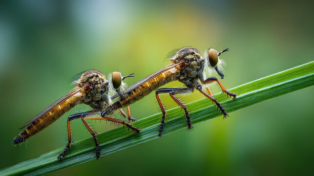 Paired Robber Flies Perched on Grass