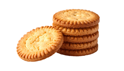 Stacked and leaning round biscuits with textured edges on a black background