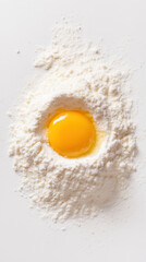 fresh egg yolk sits in the center of a well-formed mound of white flour on a clean surface, symbolizing the beginning of a baking or cooking process
