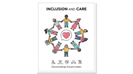 Diverse group of people holding hands in a circle around a heart symbolizing inclusion and care with icons representing diversity and belonging perfect for social justice campaigns