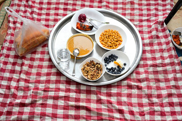 A traditional village dinner tray featuring natural herbal ingredients like blueberries, onion, and soup. High-angle view of a sustainable eco-friendly meal reflecting harmony and mindfulness.