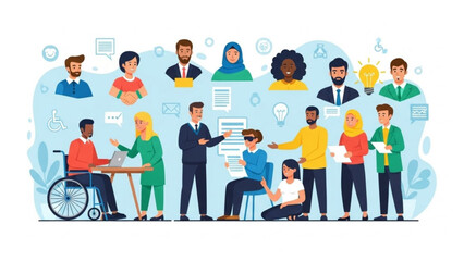 Diverse team collaborating on ideas including people with disabilities and different ethnicities for business or project planning vector illustration