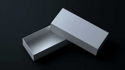 White open box mockup on a dark background, 3D rendering, realistic photo render, minimalism, stock photography, high resolution, professional color grading, soft shadows, low contrast, clean sharp.