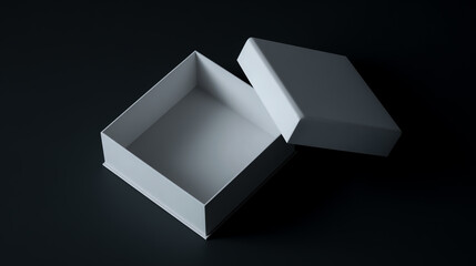 White open box mockup on a dark background, 3D rendering, realistic photo render, minimalism, stock photography, high resolution, professional color grading, soft shadows, low contrast, clean sharp.