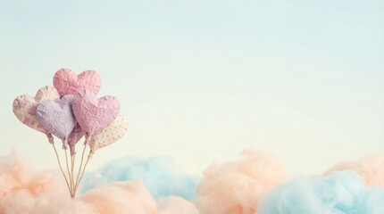 whimsical valentine background for advertising , pastel valentine sky with copy space Colorful hearts floating among soft pastel clouds, creating a dreamy atmosphere.