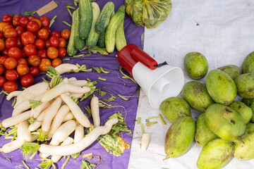 Fresh vegetables and mangoes displayed on ground at Asian street market