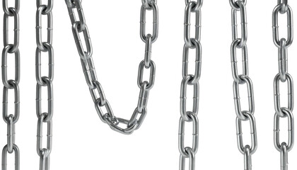 Several hanging metal chains isolated on black, with different vertical and curved orientations