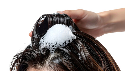 Person's hair being washed with foamy shampoo. Hand massages scalp, revealing wet hair