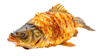 Close-up of golden-brown cooked fish, mouth open, isolated on a transparent background