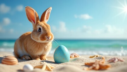 Easter bunny sits on sandy beach next to decorated egg and starfish. Gentle ocean waves and sunny sky form background. Spring holiday vibes are strong.
