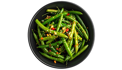 Overhead shot of green beans in a black bowl, seasoned with spices
