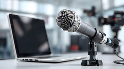 Fototapeta premium Microphone is on a table next to a laptop